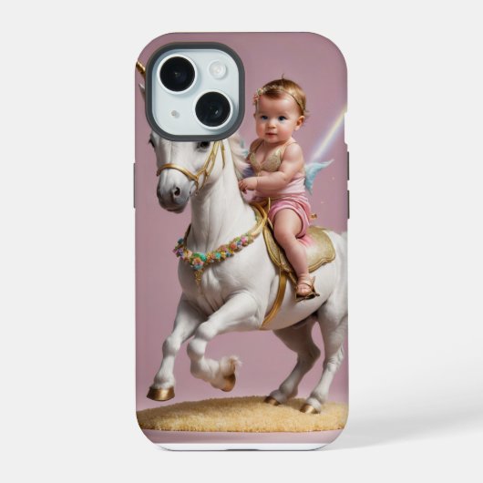 ユニコーンにまたがる赤ちゃん iPhone 15ケース (裏面)