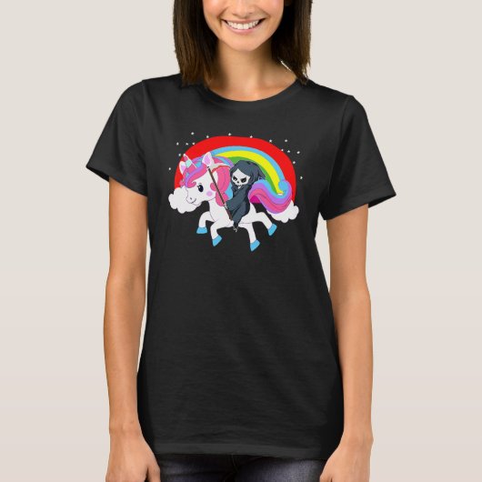 ユニコーンに乗ったカラフルな死神の天使 Tシャツ (正面)