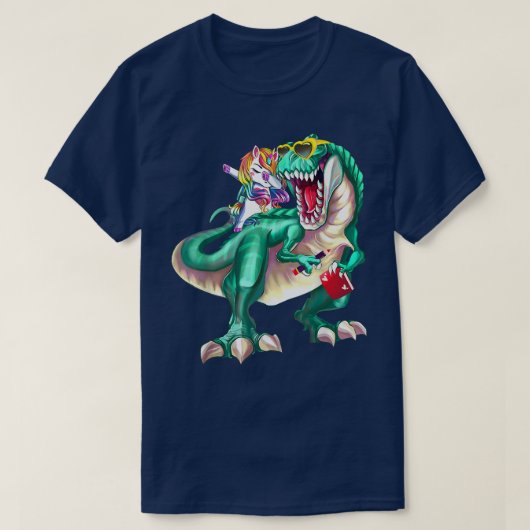 ユニコーンに乗った恐竜がサングラスをかけた学校 Tシャツ (デザイン正面)