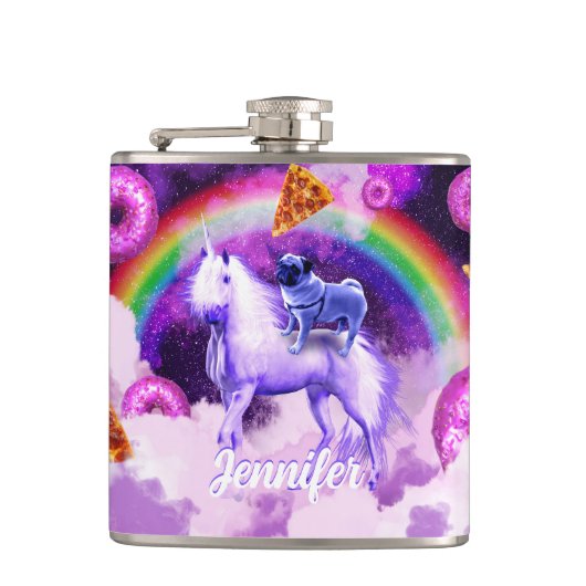ユニコーンに乗って宇宙の虹のパグ フラスク (正面)