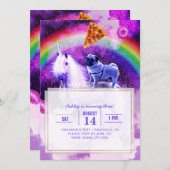 ユニコーンに乗って宇宙の虹のパグ 招待状 (正面/裏面)