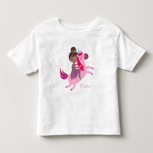 ユニコーンに乗るかわいいブルネットの髪の少女 トドラーTシャツ (正面)