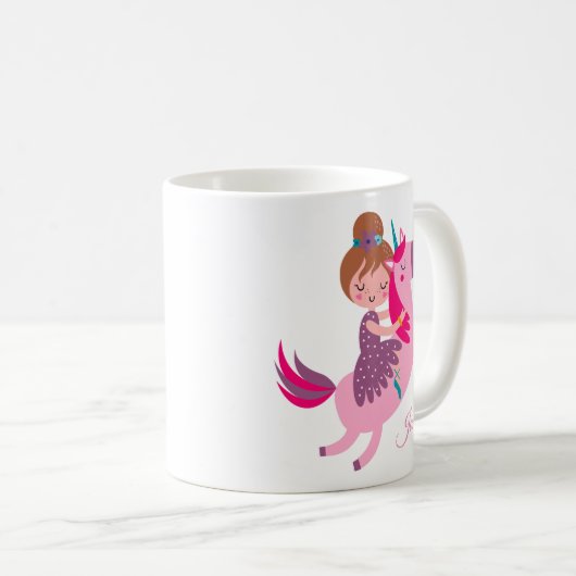 ユニコーンに乗るかわいいブロンドの髪の少女 コーヒーマグカップ (正面右)