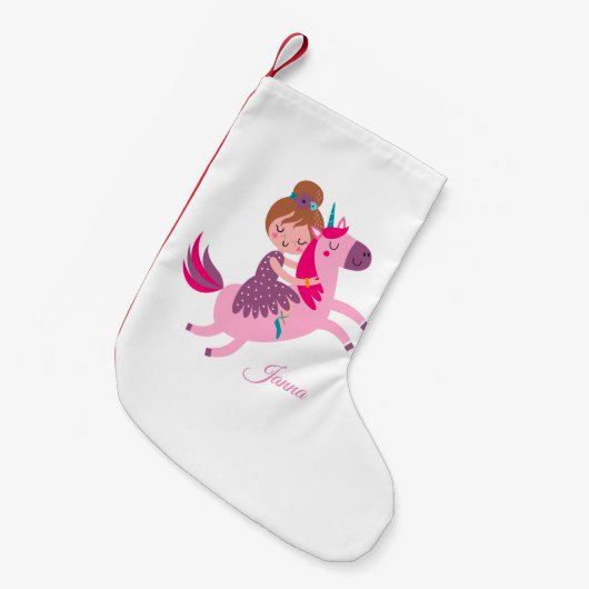 ユニコーンに乗るかわいいブロンドの髪の少女 スモールクリスマスストッキング (正面 (吊り時))