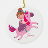 ユニコーンに乗るかわいいブロンドの髪の少女 セラミックオーナメント (正面)