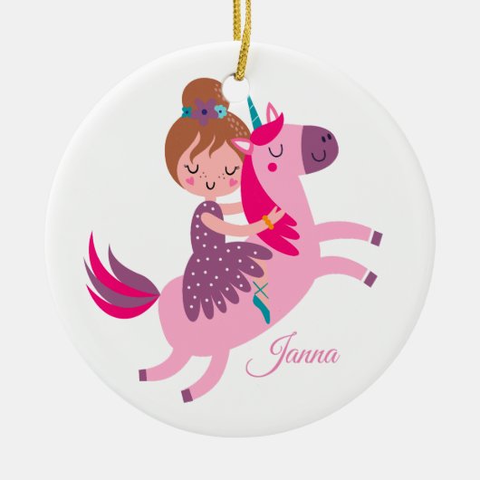 ユニコーンに乗るかわいいブロンドの髪の少女 セラミックオーナメント (正面)