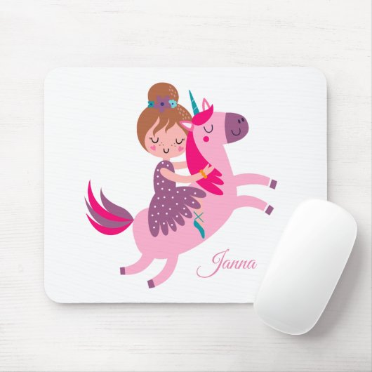 ユニコーンに乗るかわいいブロンドの髪の少女 マウスパッド (マウス)