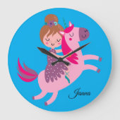 ユニコーンに乗るかわいいブロンドの髪の少女 ラージ壁時計 (正面)