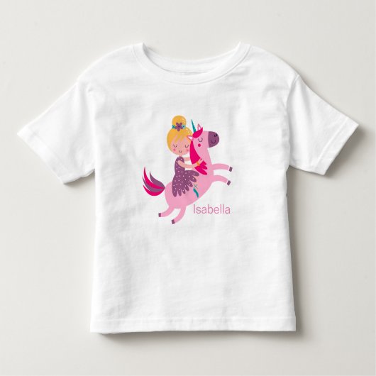 ユニコーンに乗るかわいい黄色い髪の少女 トドラーTシャツ (正面)