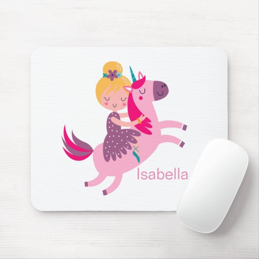 ユニコーンに乗るかわいい黄色い髪の少女 マウスパッド (マウス)