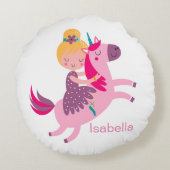 ユニコーンに乗るかわいい黄色い髪の少女 ラウンドクッション (裏面)