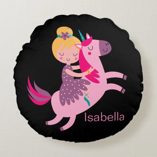 ユニコーンに乗るかわいい黄色い髪の少女 ラウンドクッション (正面)