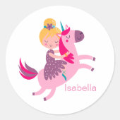 ユニコーンに乗るかわいい黄色い髪の少女 ラウンドシール (正面)