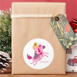 ユニコーンに乗るかわいい黄色い髪の少女 ラウンドシール