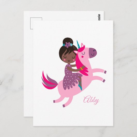 ユニコーンに乗るかわいい黒髪の女の子 ポストカード (正面/裏面)