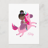 ユニコーンに乗るかわいい黒髪の女の子 ポストカード (正面)