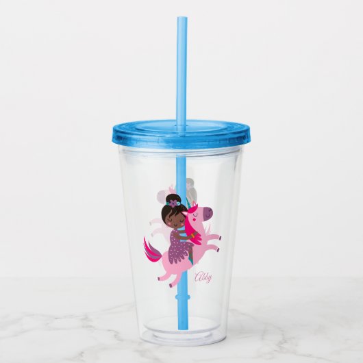 ユニコーンに乗るかわいい黒髪の少女 アクリルタンブラー (正面)