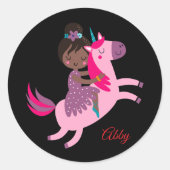 ユニコーンに乗るかわいい黒髪の少女 ラウンドシール (正面)