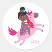 ユニコーンに乗るかわいい黒髪の少女 ラウンドシール (正面)