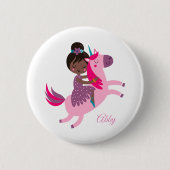 ユニコーンに乗るかわいい黒髪の少女 缶バッジ (正面)