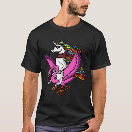 ユニコーンに乗るフラミンゴの鳥 Tシャツ (正面)