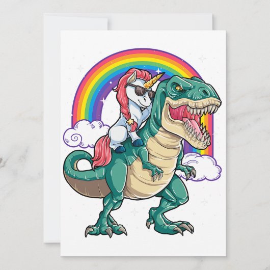ユニコーンに乗るＴＲＥＸ恐竜少年少女男性女性 招待状 (正面)