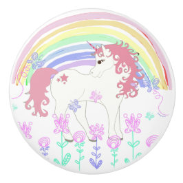 ユニコーンのおとぎ話、虹、花および蝶 セラミックノブ