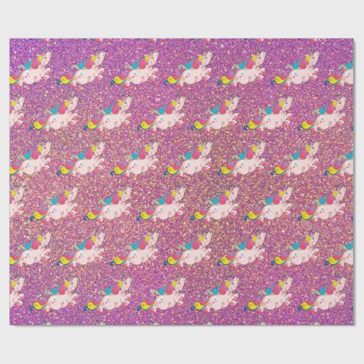 ユニコーンのかわいいの虹の金ゴールドの紫色のピンクのグリッター ラッピングペーパー (フラット)