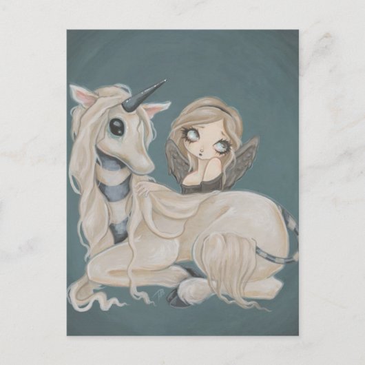 ユニコーンのはがきを持つゴシック様式の天使の妖精 ポストカード (正面)