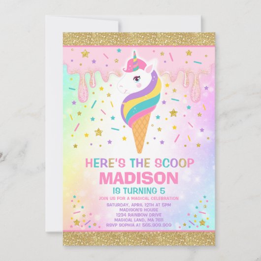 ユニコーンのアイスクリームの招待状の魔法のアイスクリームのパーティー 招待状 (正面)