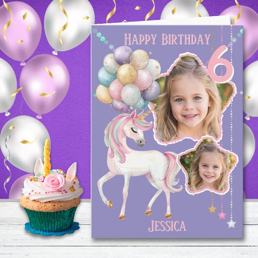 ユニコーンのイラストがかわいい6歳の誕生日カード 2枚の写真を入れられる カード