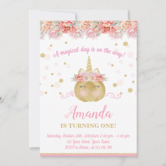 ユニコーンのカボチャ招待状、誕生日の招待状 招待状 (正面)