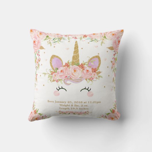 ユニコーンのクッションの誕生Statsの女の赤ちゃんのピンクの花柄 クッション (裏面)