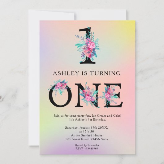 ユニコーンのグラデーションな花柄の手紙のトレンディーの第1誕生日 招待状 (正面)