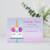 ユニコーンのケーキはノートのピンクの紫色の金ゴールド感謝していしています サンキューカード (スタンド正面)