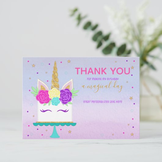ユニコーンのケーキはノートのピンクの紫色の金ゴールド感謝していしています サンキューカード (スタンド正面)
