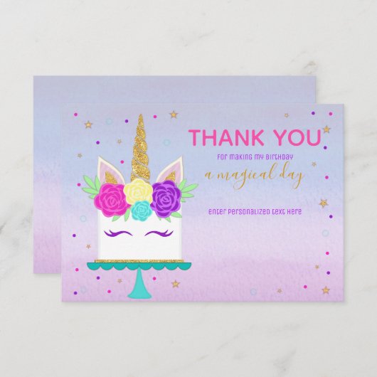 ユニコーンのケーキはノートのピンクの紫色の金ゴールド感謝していしています サンキューカード (正面/裏面)
