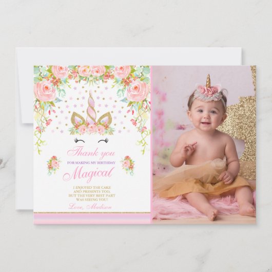 ユニコーンのサンキューカードのピンクの金ゴールドの魔法のユニコーン サンキューカード (正面)