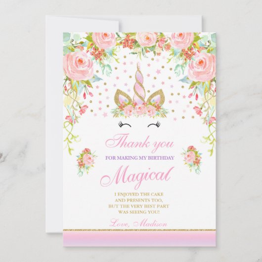 ユニコーンのサンキューカードのピンクの金ゴールドの魔法のユニコーン サンキューカード (正面)