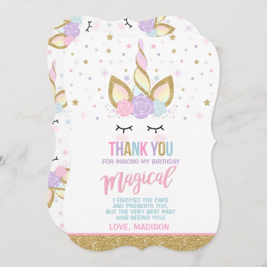 ユニコーンのサンキューカードのピンクの金ゴールドの魔法のユニコーン サンキューカード (正面/裏面)