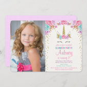 ユニコーンのスランバー・パーティーのピンクおよび金ゴールドの写真の誕生日 招待状 (正面/裏面)