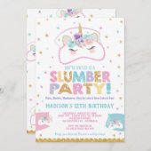 ユニコーンのスランバー・パーティーの誕生日の招待状のパジャマ 招待状 (正面/裏面)