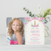 ユニコーンのスリーパー パーティー ピンクとゴールドの写真 誕生日 招待状 (スタンド正面)