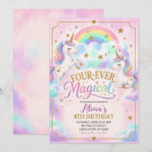 ユニコーンのテーマでいつまでも魔法のような4歳の誕生日 招待状 (正面/裏面)