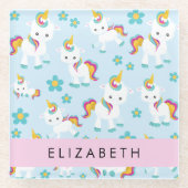 ユニコーンのパターン,かわいいユニコーン,あなたの名前 ガラスコースター (正面)