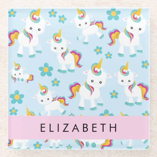ユニコーンのパターン，かわいいユニコーン，あなたの名前 ガラスコースター (正面)