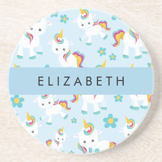 ユニコーンのパターン,かわいいユニコーン,あなたの名前 コースター (正面)