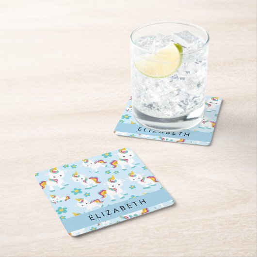 ユニコーンのパターン,かわいいユニコーン,あなたの名前 スクエアペーパーコースター (インサイチュ)