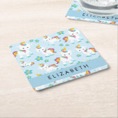 ユニコーンのパターン,かわいいユニコーン,あなたの名前 スクエアペーパーコースター (アングル)