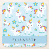 ユニコーンのパターン,かわいいユニコーン,あなたの名前 スクエアペーパーコースター (正面)